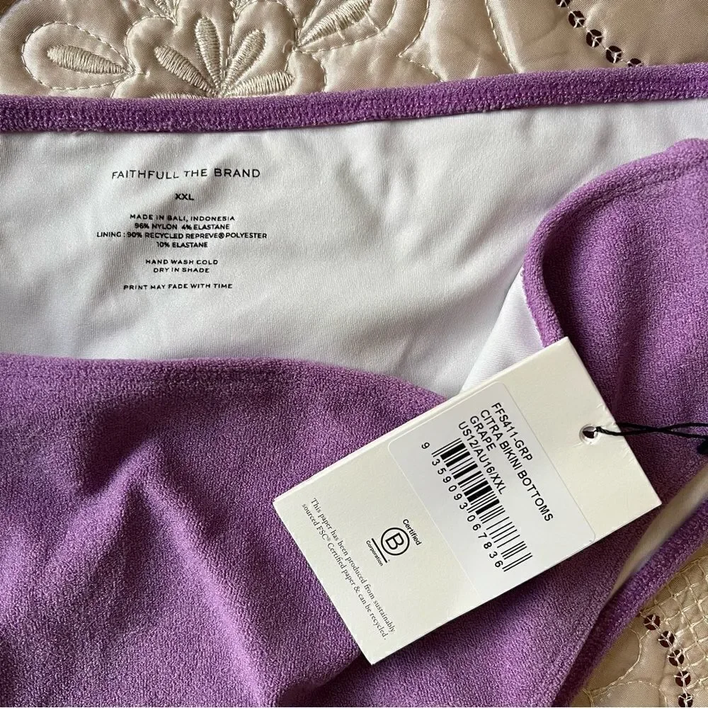 Faithfull The Brand Citra Bikini Bottom in Grape NEW Size 12/XXL